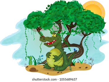 Colorful  Cartoon Illustration of Fat Dangerous Crocodile under the tree.  Wild Angry Satiated Alligator keeping his belly under the tree. Vector Art