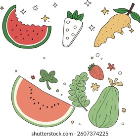 A colorful cartoon illustration featuring various fruits, plants, and decorative elements on a white background.
