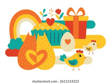 Colorful cartoon illustration in flat style. Easter composition, Easter, flowers, chickens, rainbow, pastries, eggs, Spring. Universal vector illustration for decoration of greeting cards and flyers.