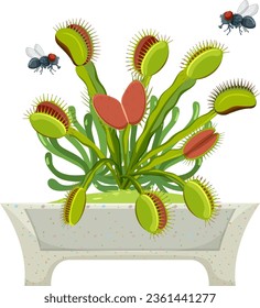 Colorful cartoon illustration of flies hovering above a Venus flytrap plant