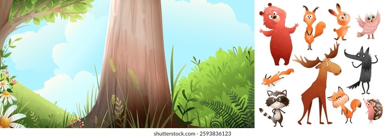 Colorful cartoon illustration of forest landscape and woodland animals. Cute bear wolf fox hedgehog with owl, and a turtle collection. Vector animals and woods background, kids illustration collection