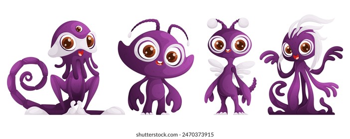 Colorful cartoon illustration of four cute purple alien creatures with big eyes and unique features, standing in a row.