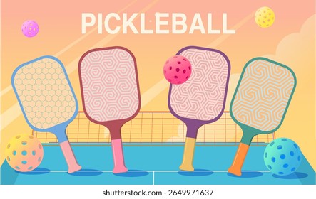 Colorful cartoon illustration of four pickleball paddles with geometric patterns standing on a court with balls flying around, a vibrant pink and yellow sky