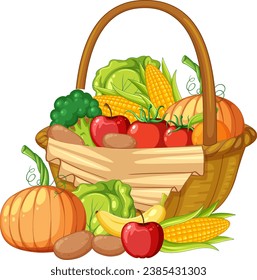 Colorful cartoon illustration of fresh organic produce in a basket