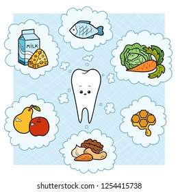 Colorful cartoon illustration. Good food for teeth. Educational poster for children about health