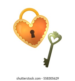 Colorful cartoon illustration of heart shape lock and key, symbol of love and Valentine's Day. Vector.