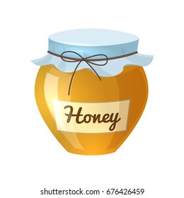 Colorful cartoon illustration of honey pot, organic nature product. Vector