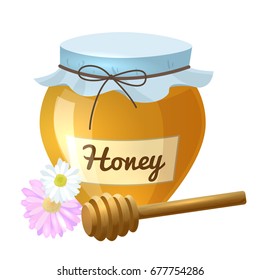 Colorful cartoon illustration of honey pot, honey spoon, organic nature product. Vector