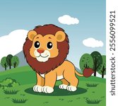 A colorful cartoon illustration of a lion standing in a vibrant grassland. The background features a serene mountain landscape with a clear blue sky, fluffy clouds, and scattered green bushes.