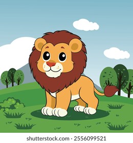 A colorful cartoon illustration of a lion standing in a vibrant grassland. The background features a serene mountain landscape with a clear blue sky, fluffy clouds, and scattered green bushes.