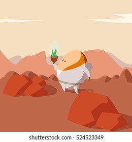 Colorful cartoon illustration of a Martian astronaut farmer growing plants on Mars for food.