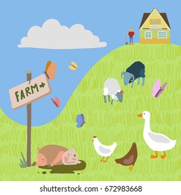 Colorful cartoon illustration of outdoors rural landscape with green grassy hill, farm house, sign post with arrow and word Farm, butterflies and farm animals - pig, chicken, goose, ram and sheep.
