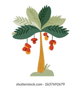Colorful cartoon illustration of a palm tree with hanging dates isolated on white background