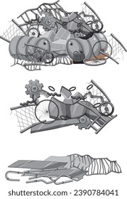 A colorful cartoon illustration of a pile of junk steel ready for recycling