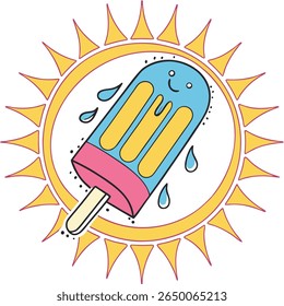 A colorful cartoon illustration of a popsicle with a smiling face, surrounded by a bright yellow sun.
