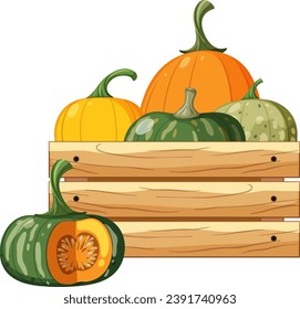 Colorful cartoon illustration of pumpkins arranged in a wooden crate