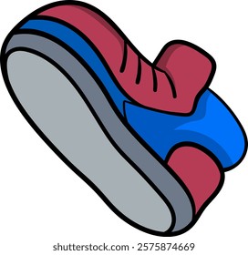 A colorful cartoon illustration of a red and blue shoe with a visible gray sole, showcasing a modern and sporty style