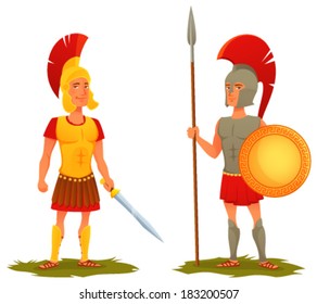 Colorful Cartoon Illustration Of Roman And Greek Soldier. Funny Cartoon Characters With Ancient Armor And Weapon.