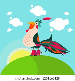 Colorful cartoon illustration of a rooster in hat and boots, countryside background. Cock meets sunrise on a farm.