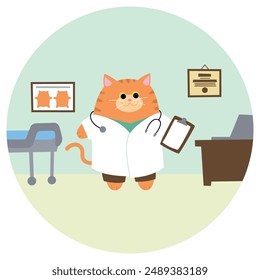 Colorida ilustración de dibujos animados de gatito redondo doctor. Es un gato gracioso mirando las historias clínicas. Lindos personajes animales con trabajos. Colores planos