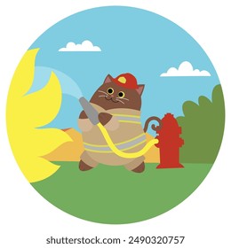 Colorful cartoon illustration of round kitty firefighter. Funny cat putting out fire. Cute characters animals with jobs. Flat colors