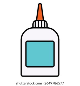 Colorful cartoon illustration of school glue container with orange cap and turquoise label. Clipart image isolated on background.