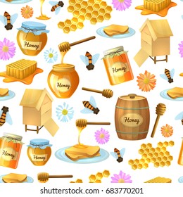 Colorful cartoon illustration of seamless honey background, organic nature products. Vector