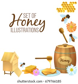 Colorful cartoon illustration, set of honey, organic nature product. Vector