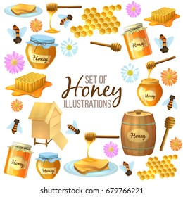 Colorful cartoon illustration, set of honey, organic nature product. Vector