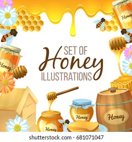 Colorful cartoon illustration, set of honey, organic nature product. Vector
