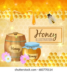 Colorful cartoon illustration, set of honey, organic nature product. Vector