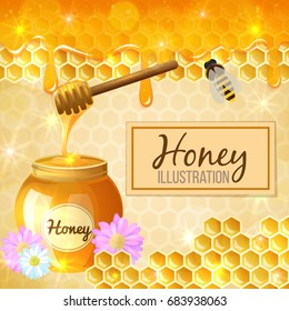 Colorful cartoon illustration, set of honey, organic nature product. Vector