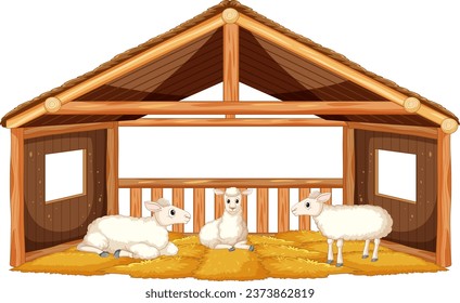 Colorful cartoon illustration of sheeps in a stable