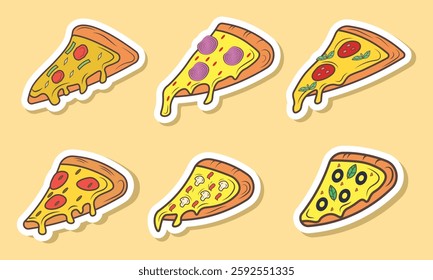 Colorful cartoon illustration showcases various pizza slices featuring different toppings on a light yellow background Great for menu design or food-related projects.