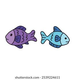 Colorful cartoon illustration of two friendly fish, one in shades of purple and the other in blue, on a white background