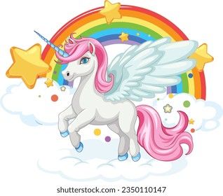 Colorful cartoon illustration of a unicorn flying in the sky