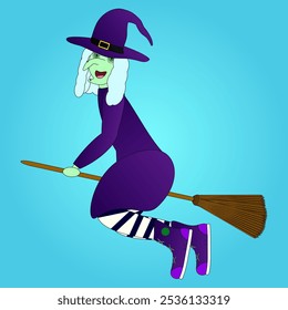 Colorful cartoon illustration of a witch flying on a broomstick. Perfect for Halloween-themed designs, cards, and festive projects.