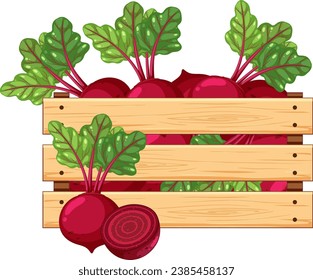 Colorful cartoon illustration of a wooden crate filled with fresh radishes