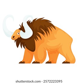 Colorful cartoon illustration of a woolly mammoth with large curved tusks and shaggy fur, set against a white background. Cartoon Woolly Mammoth with Curved Tusks