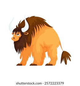 Colorful cartoon illustration of a yak with large curved horns, shaggy fur, and a whimsical design on a white background. Cartoon Yak with Horns Illustration