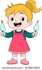 Colorful cartoon illustration of a young girl smiling while holding two birthday candles, one in each hand