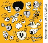 A colorful cartoon illustrations featuring various playful characters, including ghosts, skulls