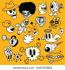 A colorful cartoon illustrations featuring various playful characters, including ghosts, skulls