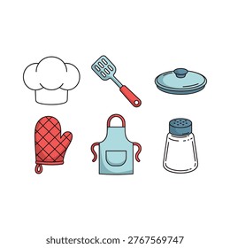 Colorful cartoon illustrations of various cooking tools and kitchen accessories