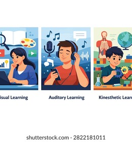 Colorful cartoon illustrations of visual auditory and kinesthetic learning methods