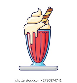 A colorful cartoon image showcasing a red, creamy drink topped with whipped cream and a wafer.