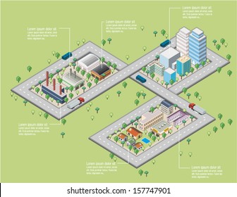 Colorful cartoon isometric city with river