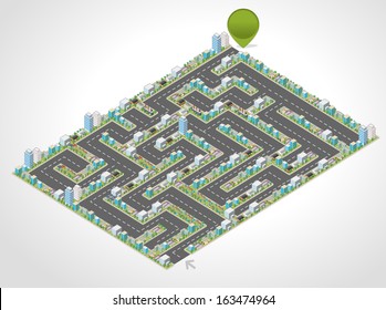 Colorful Cartoon Isometric City In The Shape Of A Maze 