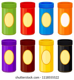 Colorful cartoon jar set. Mock up for vitamins, spices, candies.  Vector background. Illustration elements can be icon, sticker, patch, label, badge, certificate or gift card decoration