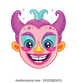 Coloridas caricaturas de bufón se enfrentan con una gran sonrisa, ojos mordaces y pelo rizado. Carácter payaso festivo, expresión alegre. Mascota alegre, ilustración vectorial de tema de carnaval.